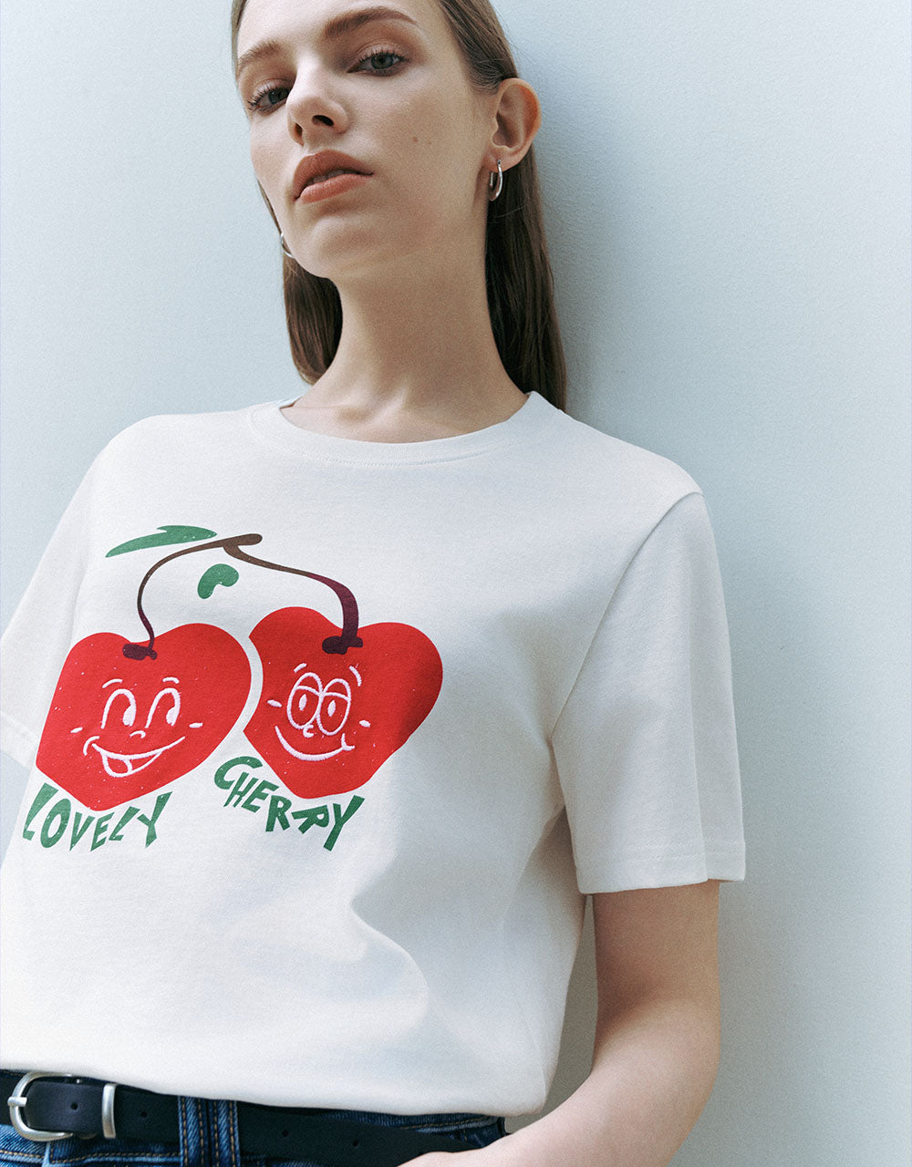 Cherry Printed Crew Neck Straight T-Shirt