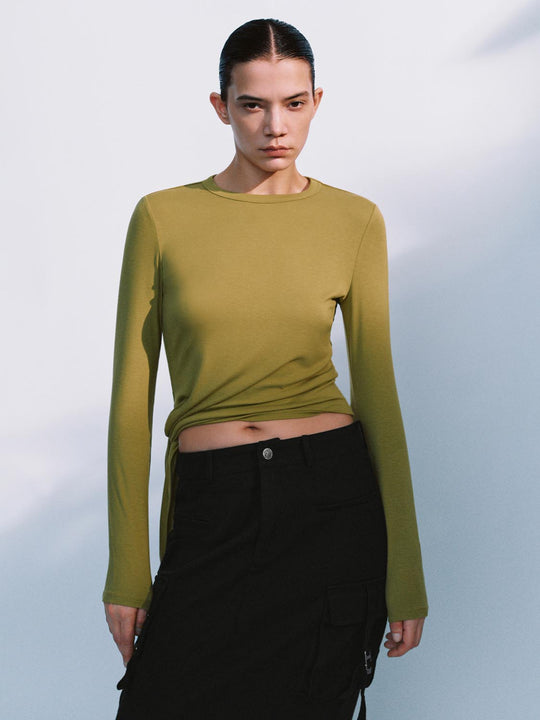 Crew Neck Tie Up Front Stretch Knit Long Sleeve T-Shirt