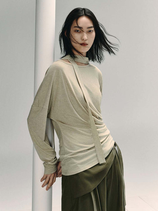 Wrap Draped Lyocell Wool Blend Long Sleeve Shirt