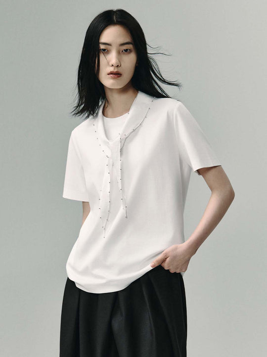 Beaded Tie Neck Short Sleeve T-Shirt