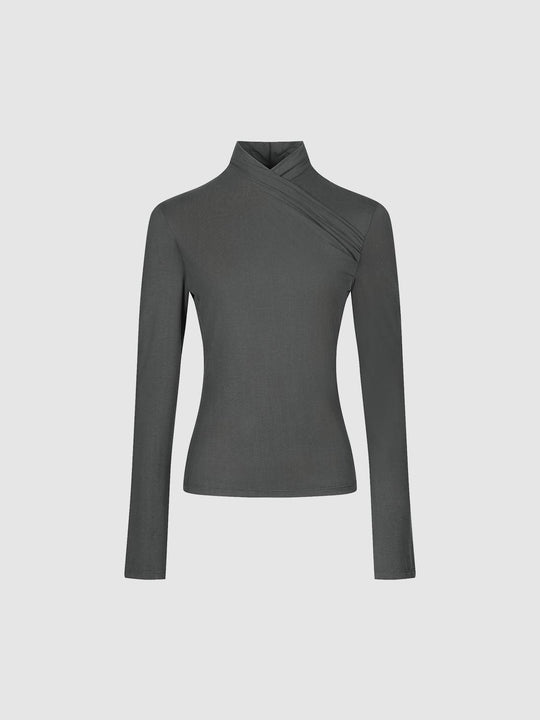 Cross Front Fitted Mock Neck Long Sleeve T-Shirt