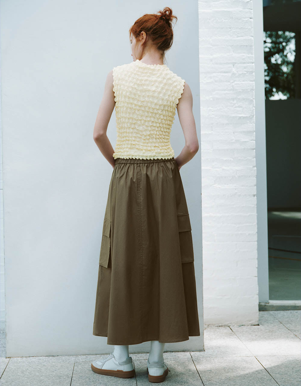 Elastic Waist Midi A-Line Skirt