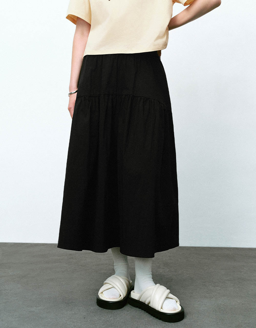 Elastic Waist Midi A-Line Skirt