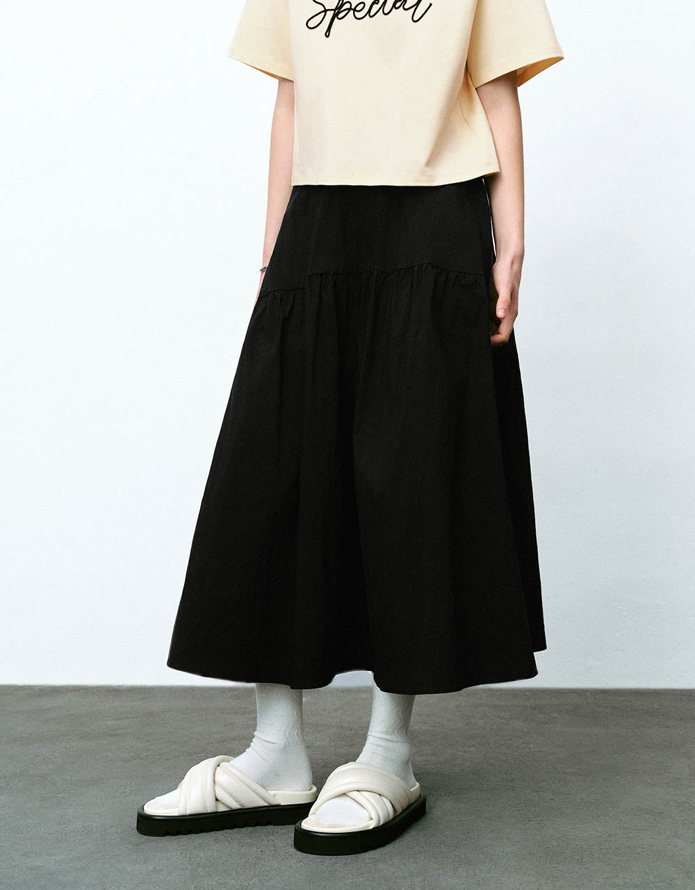 Elastic Waist Midi A-Line Skirt
