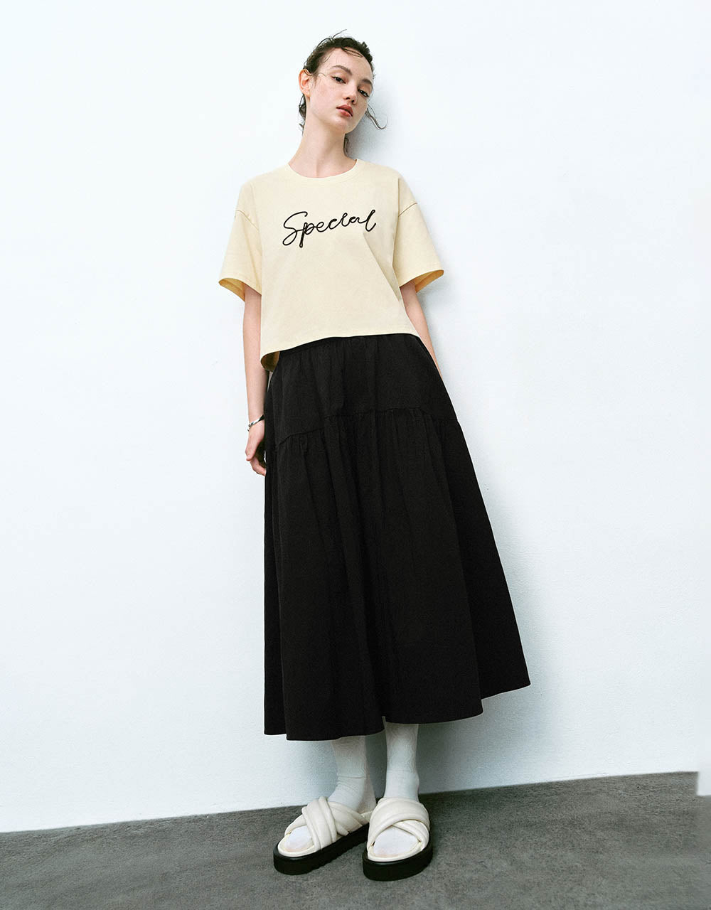 Elastic Waist Midi A-Line Skirt