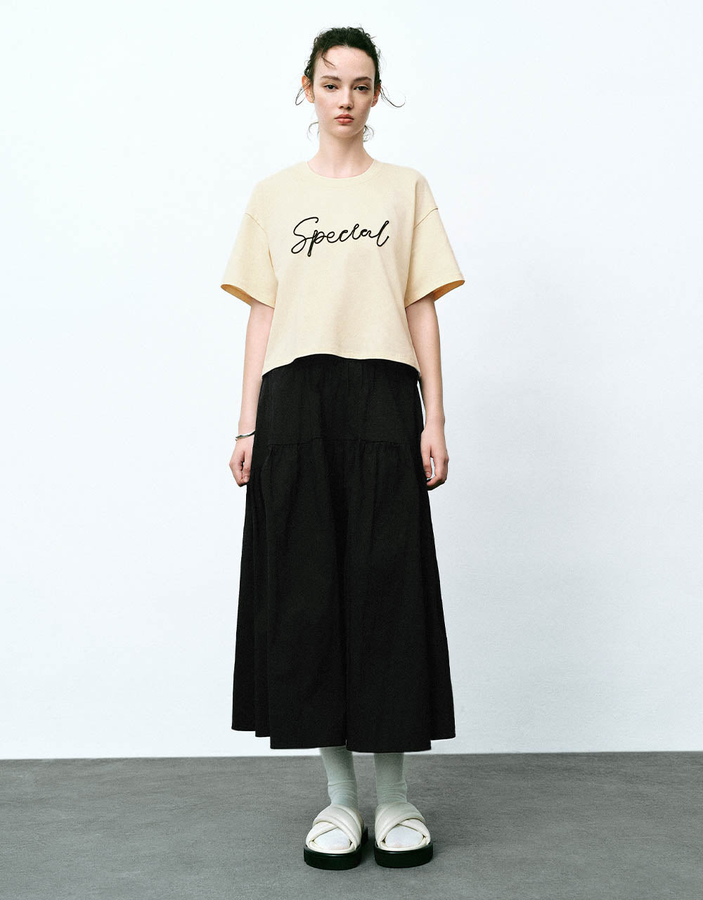 Elastic Waist Midi A-Line Skirt