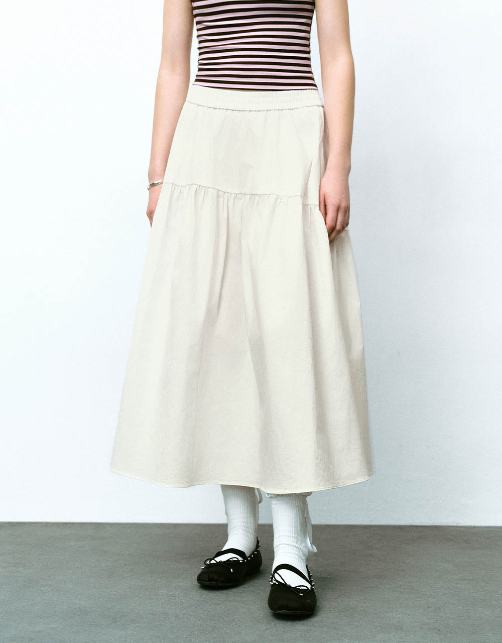 Elastic Waist Midi A-Line Skirt