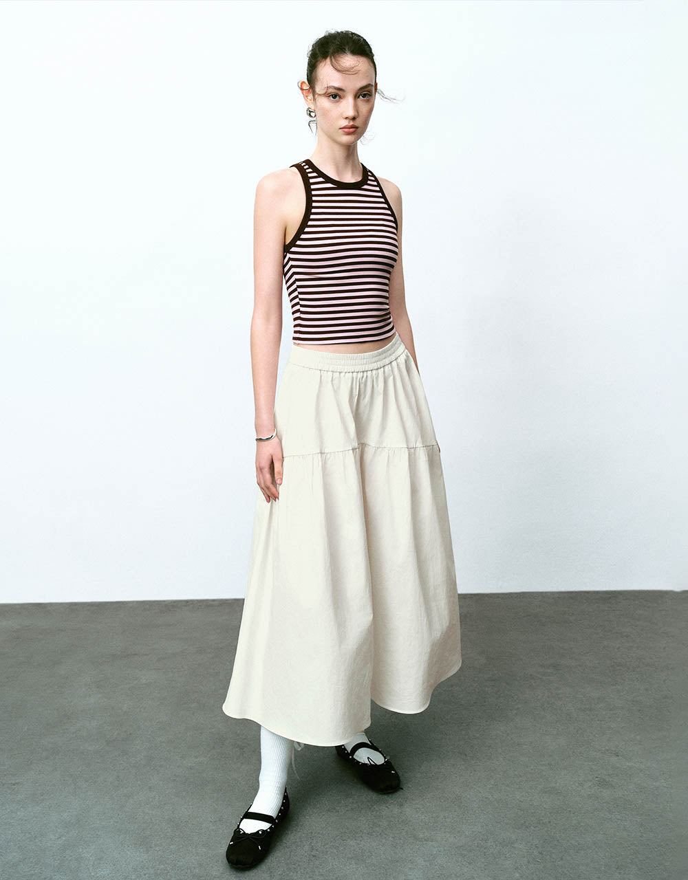 Elastic Waist Midi A-Line Skirt