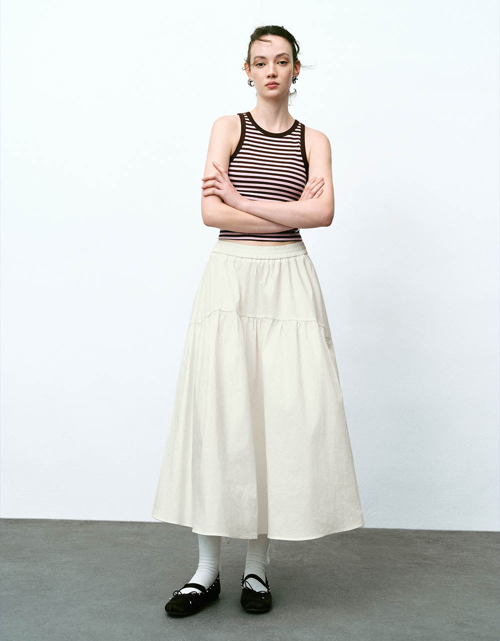 Elastic Waist Midi A-Line Skirt