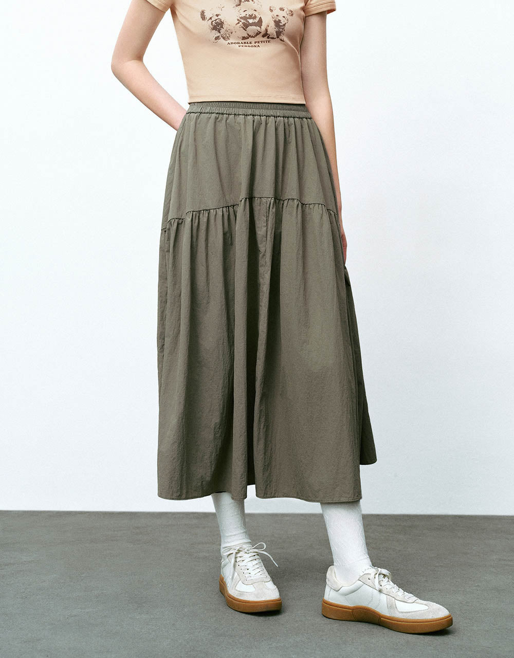 Elastic Waist Midi A-Line Skirt