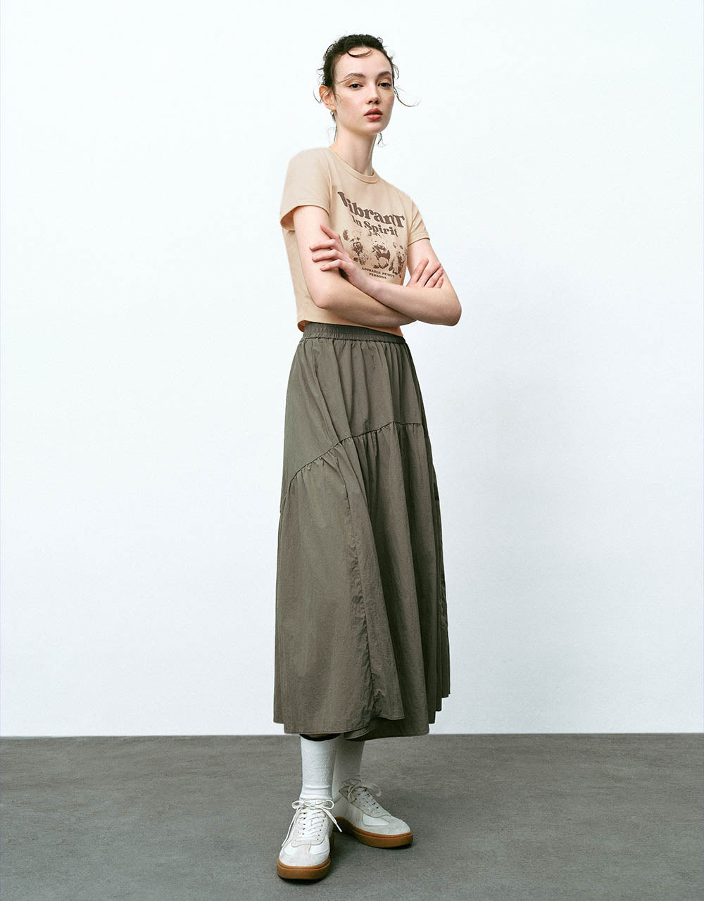 Elastic Waist Midi A-Line Skirt