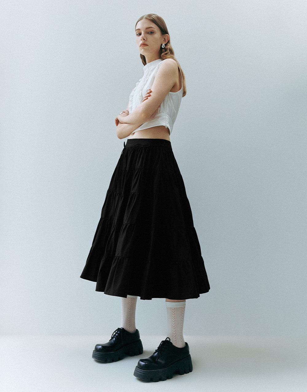 Elastic Waist Midi A-Line Skirt