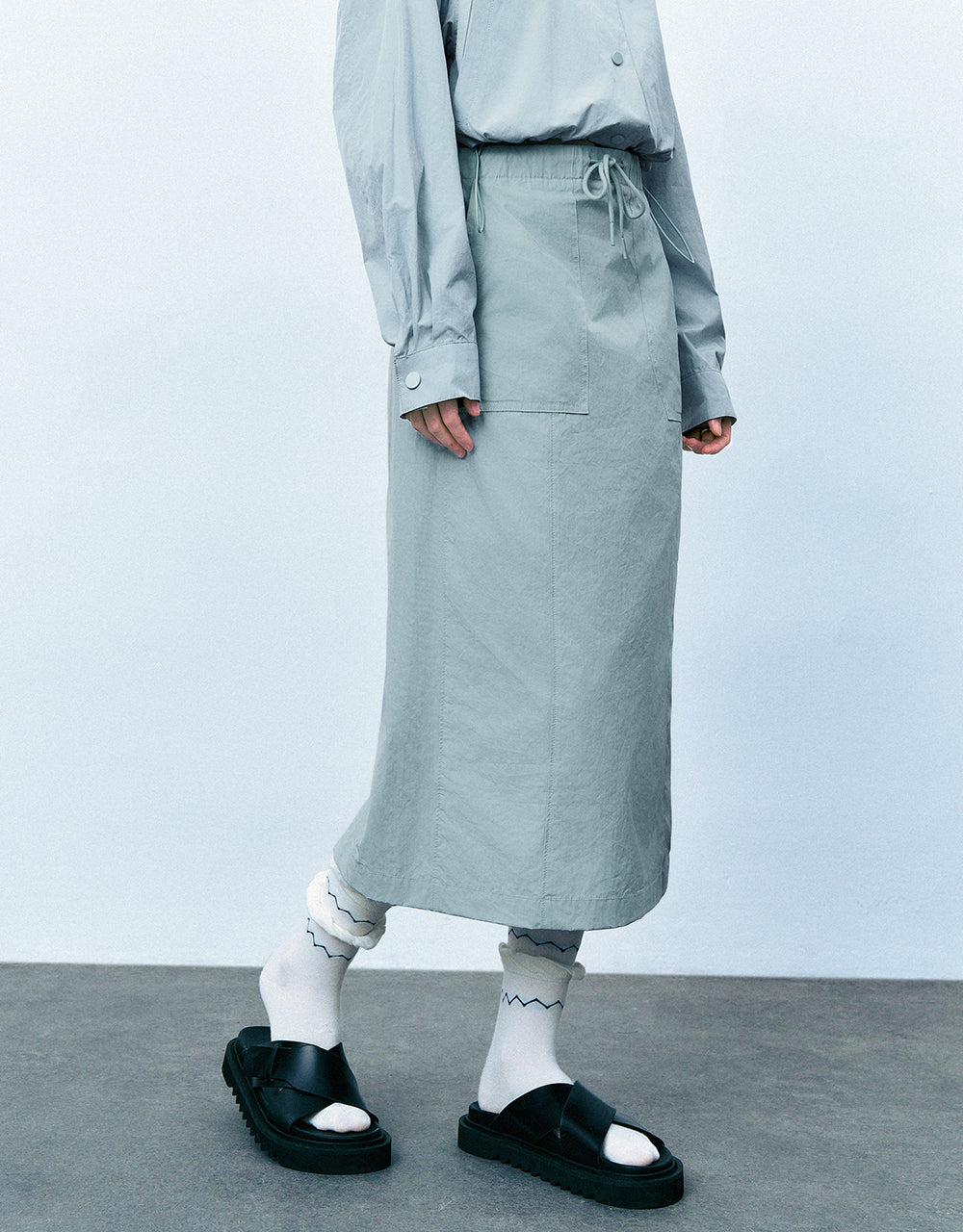 Drawstring Waist Midi A-Line Skirt