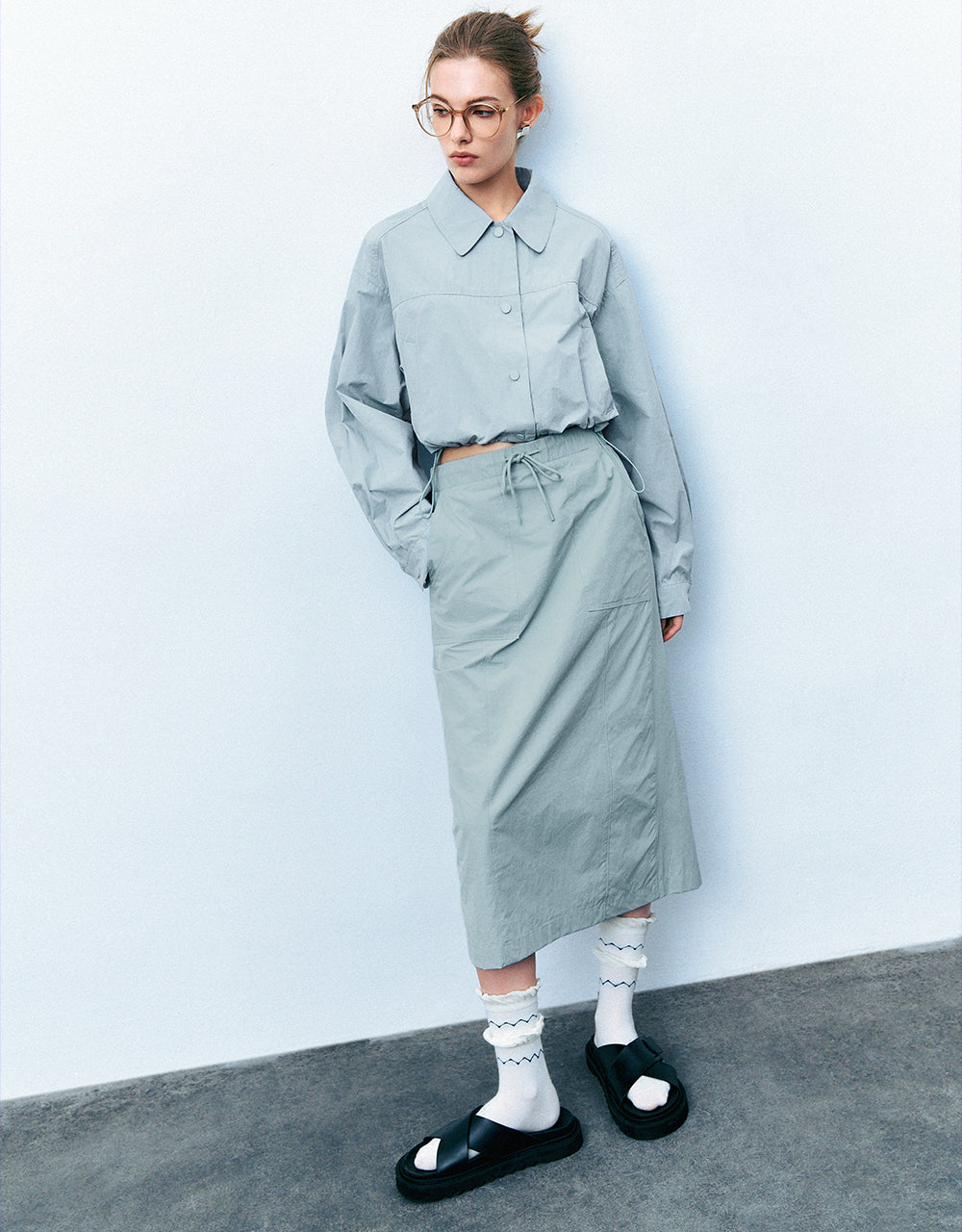 Drawstring Waist Midi A-Line Skirt