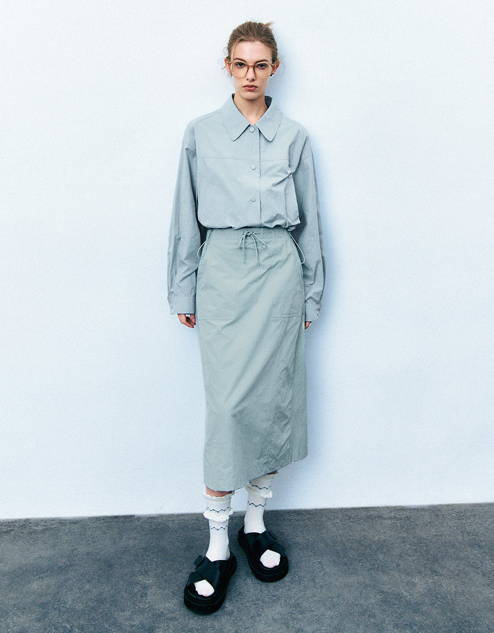 Drawstring Waist Midi A-Line Skirt