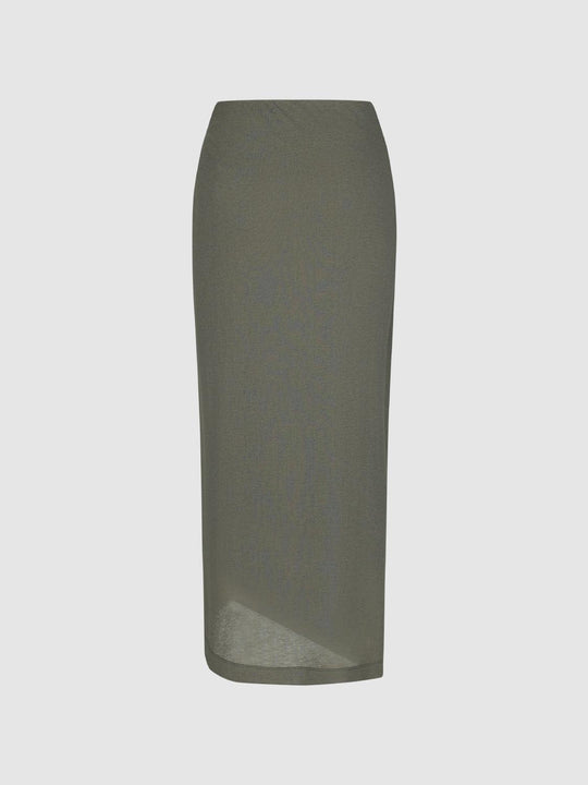 Textured H-Line Solid Straight Fitted Midi Skirt