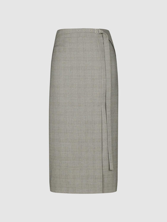 Checked Wrap Belted Straight High-waisted Midi Skirt