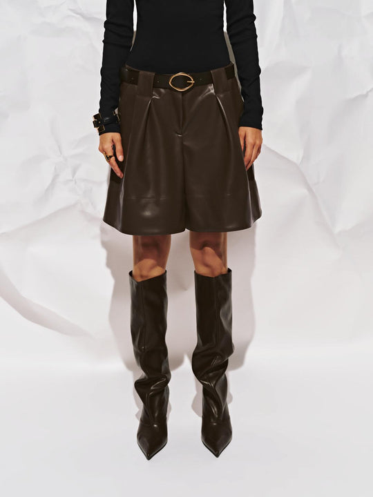 Vegan Leather Draped Wide-Leg Shorts