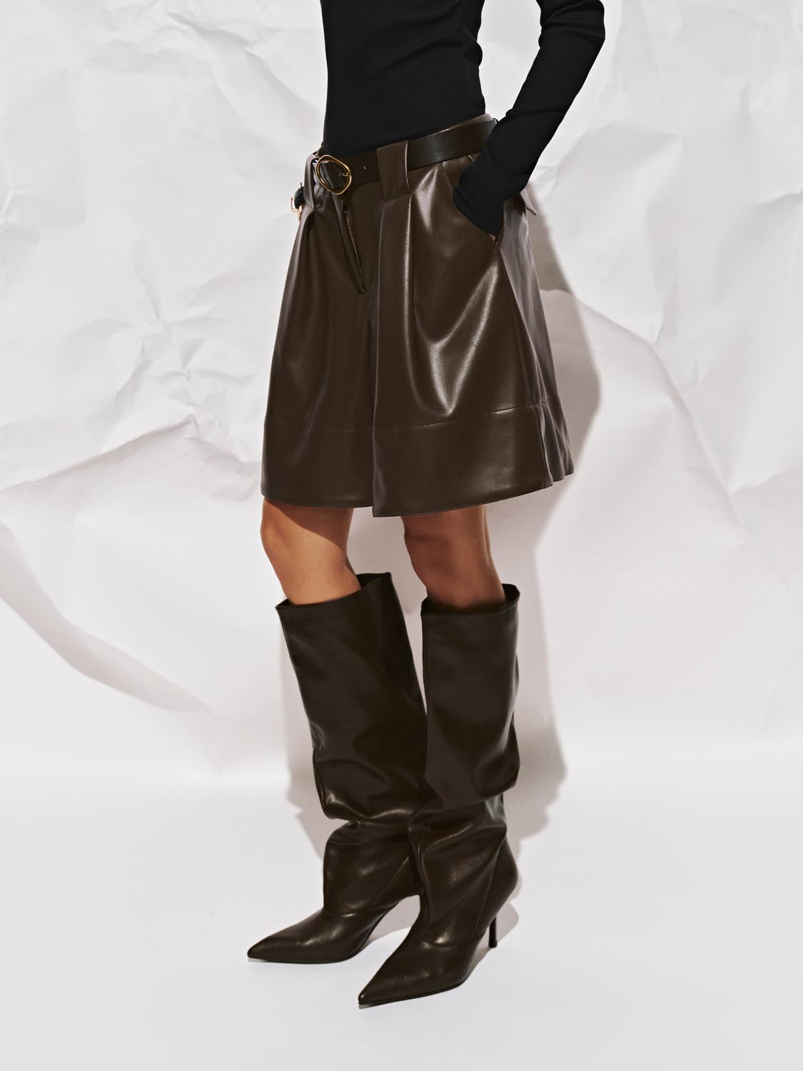 Vegan Leather Draped Wide-Leg Shorts