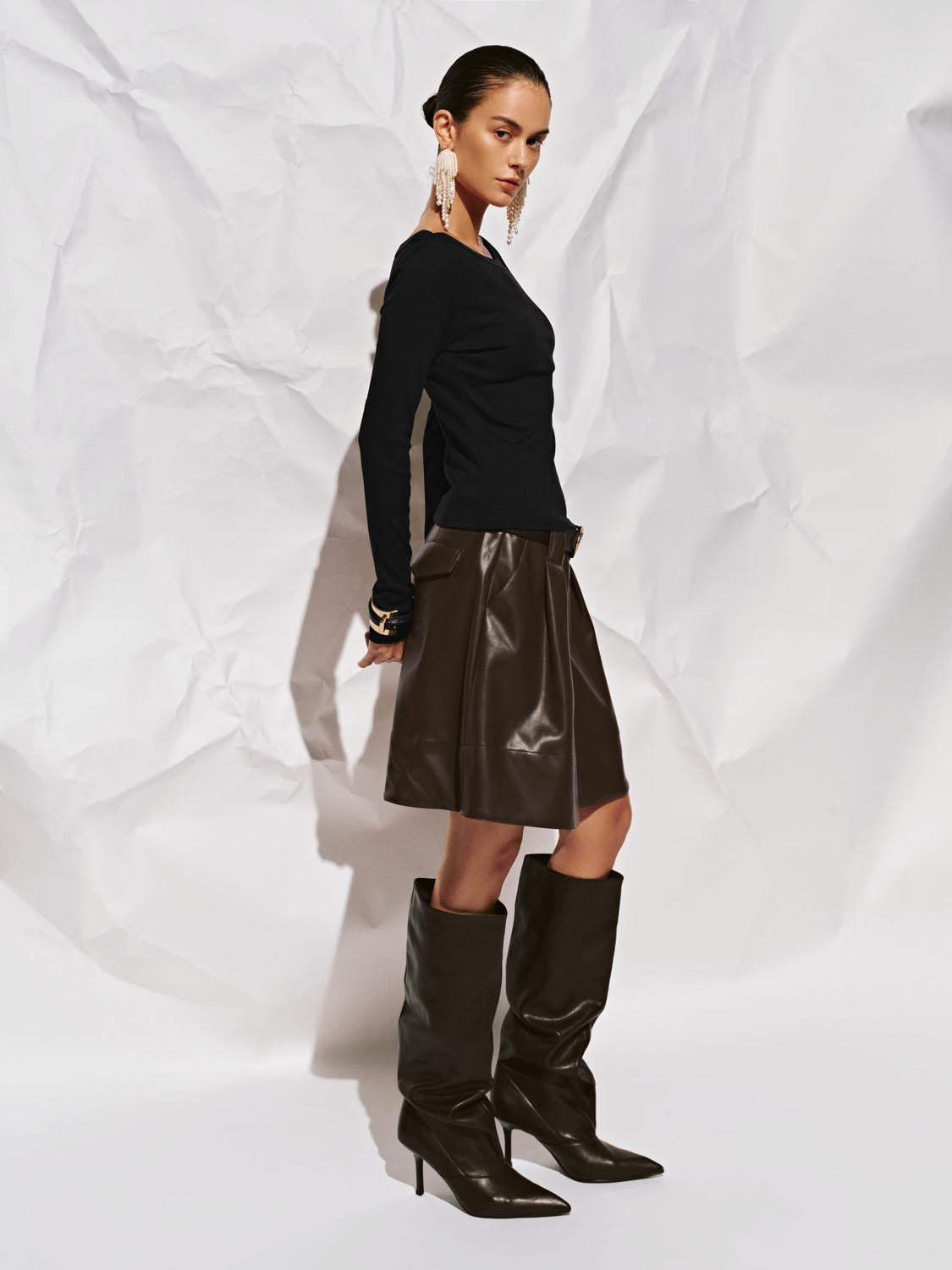 Vegan Leather Draped Wide-Leg Shorts