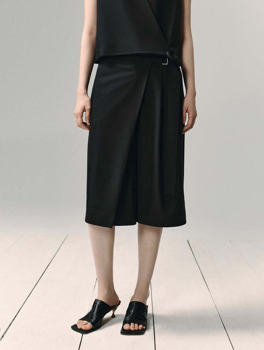 Wrap Front Wide-leg Wool Blend Midi Pants