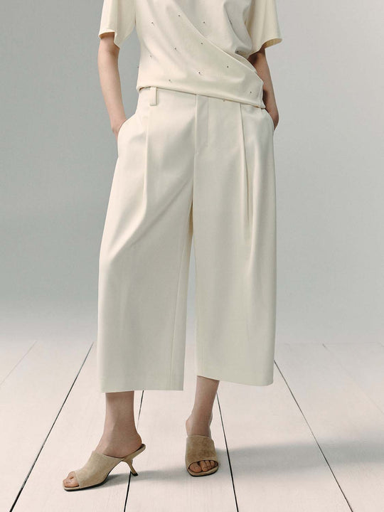 Tailored Front Pleated Wide-leg Stretch Pants