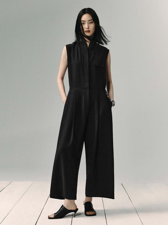 Solid Black Wide-leg Modal High-waisted Structured Pants
