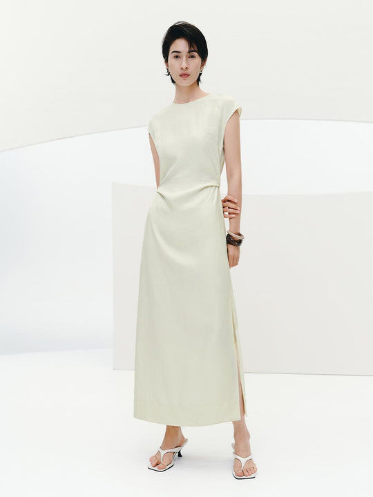 Linen Blend Crew Neck Cap Sleeve Skater Midi Dresses