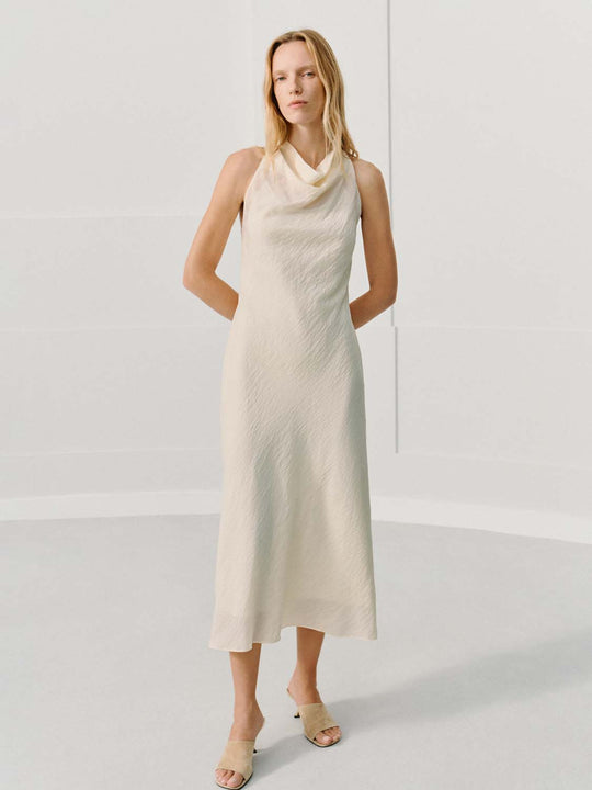 Textured A-Line Cowl Neck Sleeveless Midi Dress