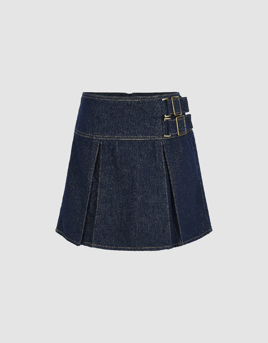 Pleated Mini Denim Skirt