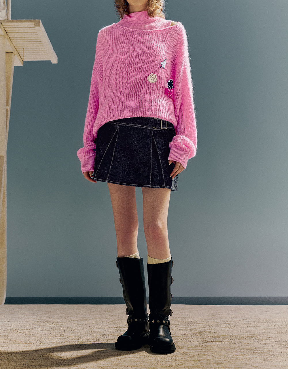 Pleated Mini Denim Skirt