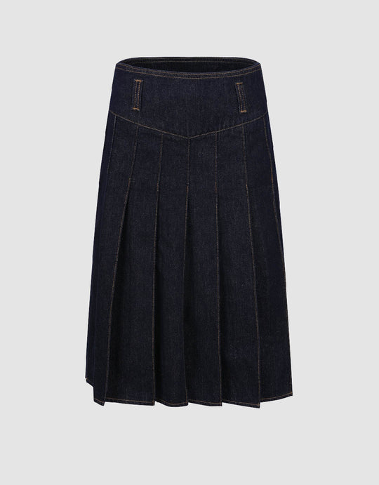 Pleated Midi A-Line Denim Skirt