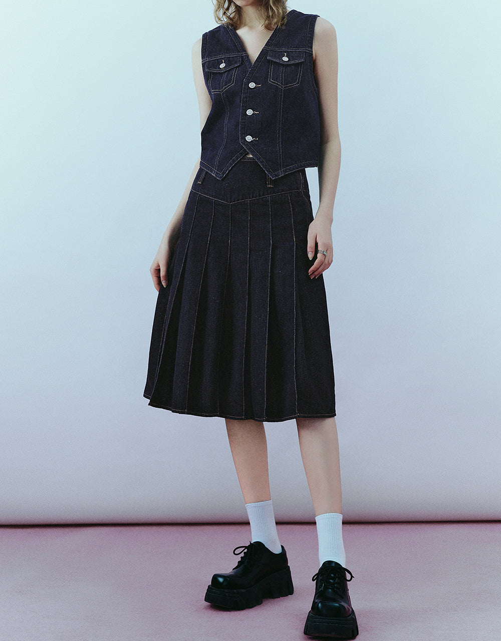 Pleated Midi A-Line Denim Skirt