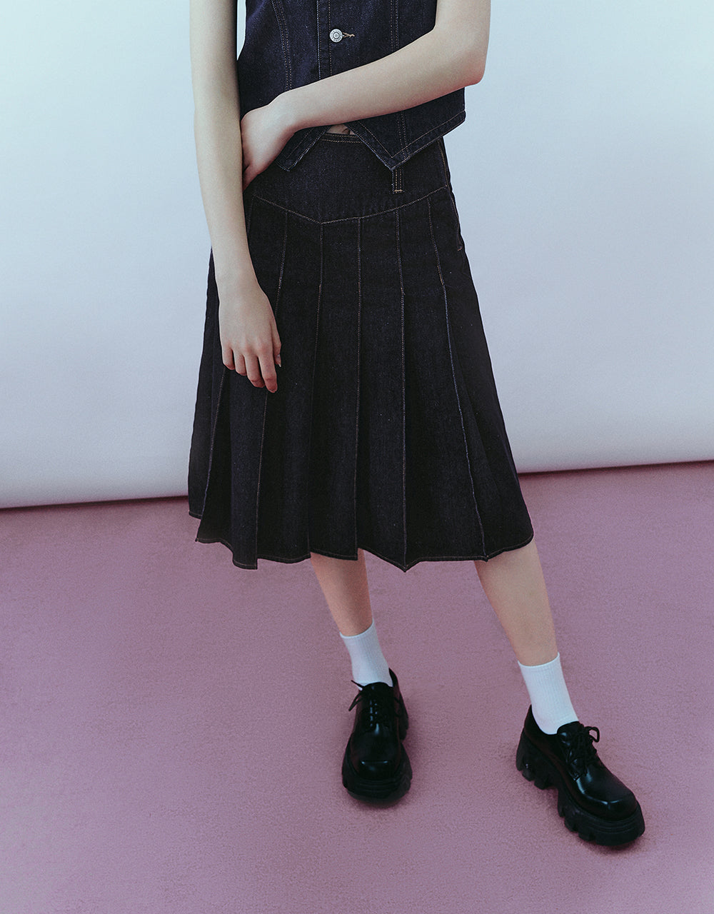 Pleated Midi A-Line Denim Skirt