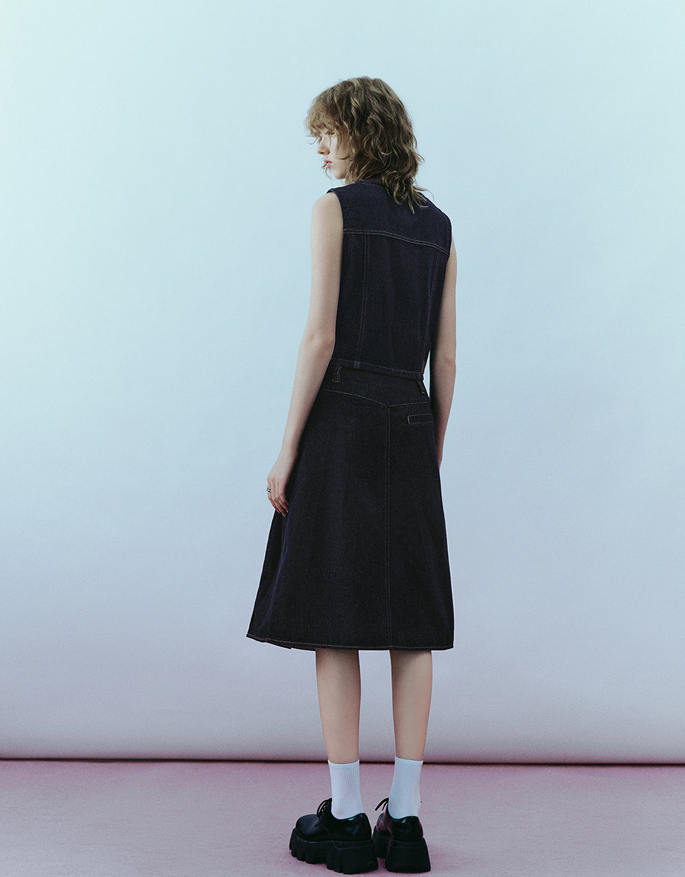 Pleated Midi A-Line Denim Skirt