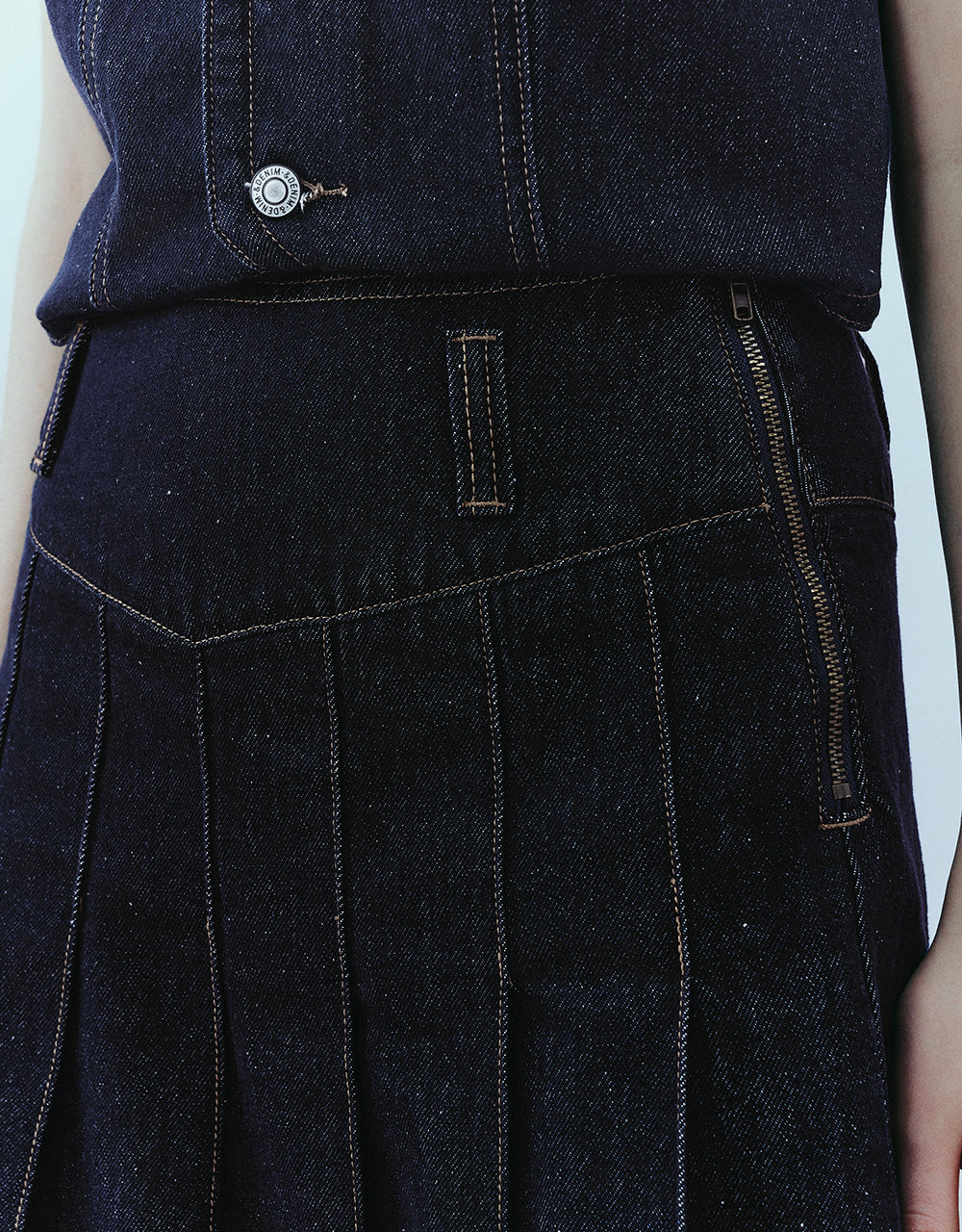 Pleated Midi A-Line Denim Skirt