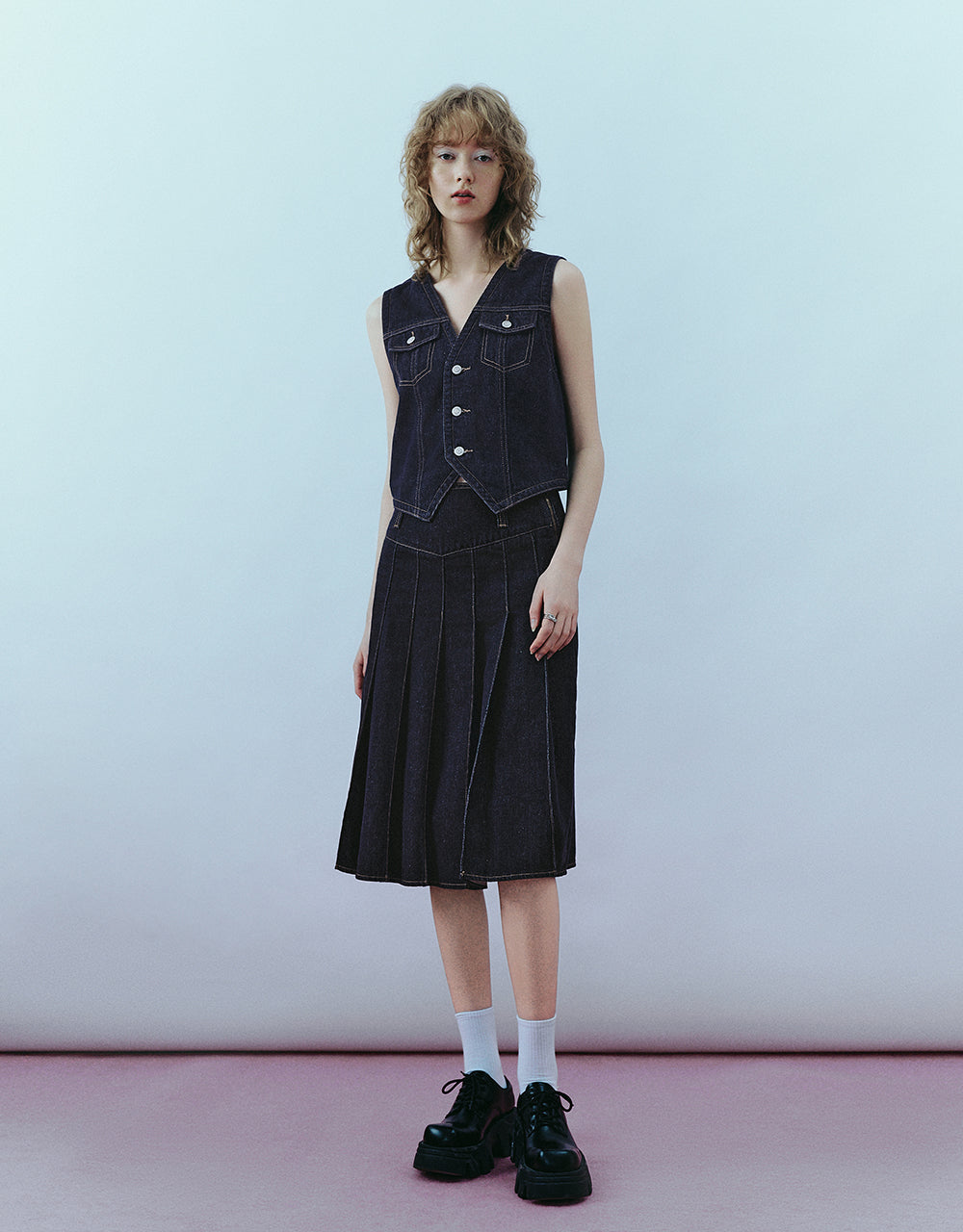 Pleated Midi A-Line Denim Skirt