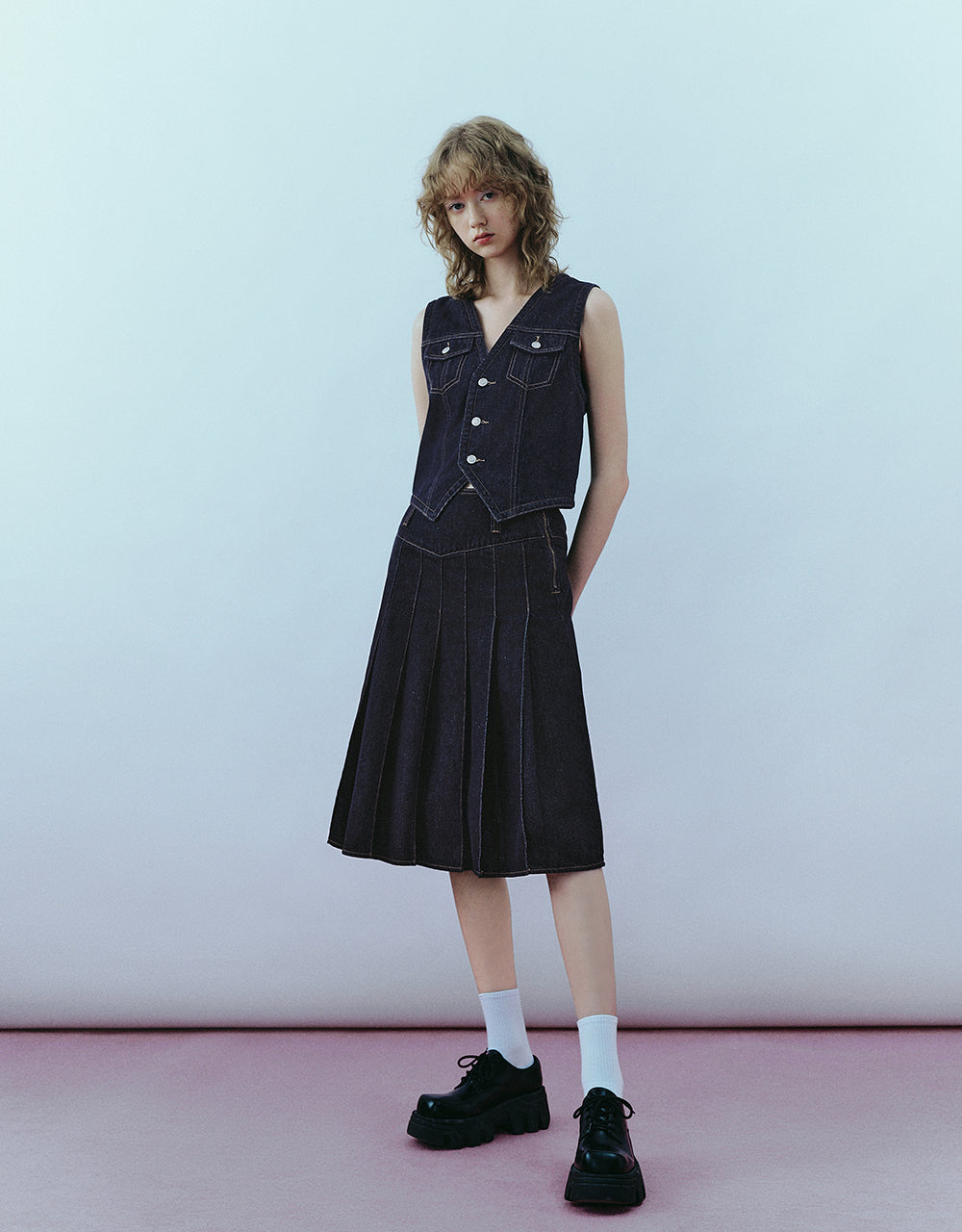 Pleated Midi A-Line Denim Skirt