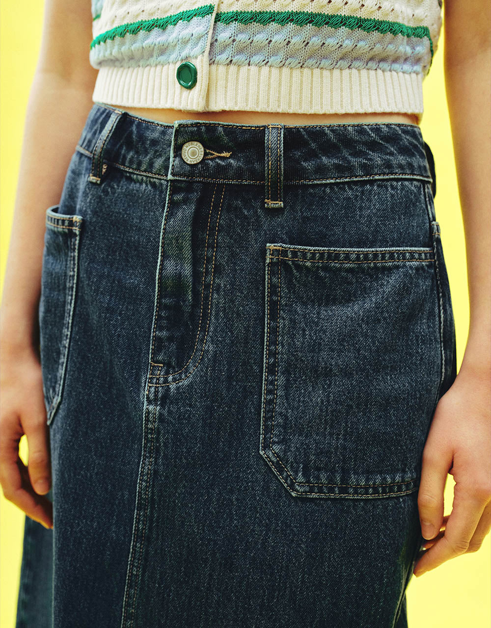 Front Pocket Midi Straight Denim Skirt