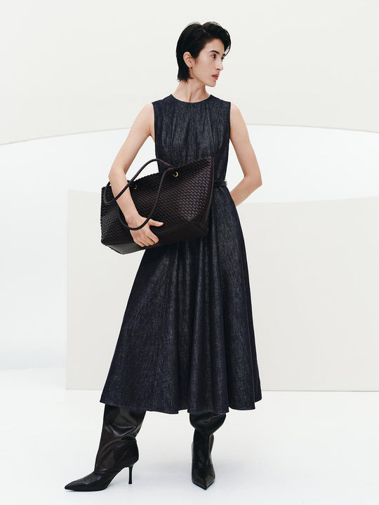 Belted Sleeveless Denim Midi Dresses
