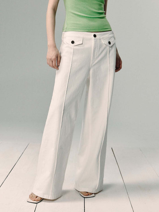 Buttoned Wide-leg Cotton Denim White Pants