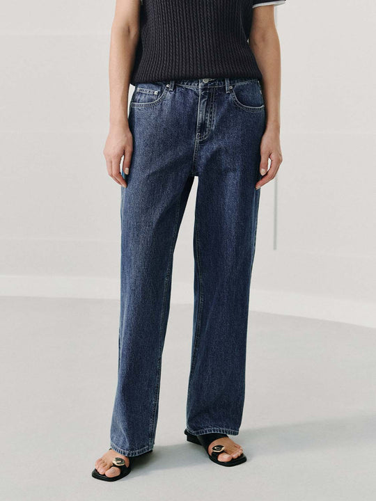 Dark Wash Straight Leg Mid-rise Cotton Jeans