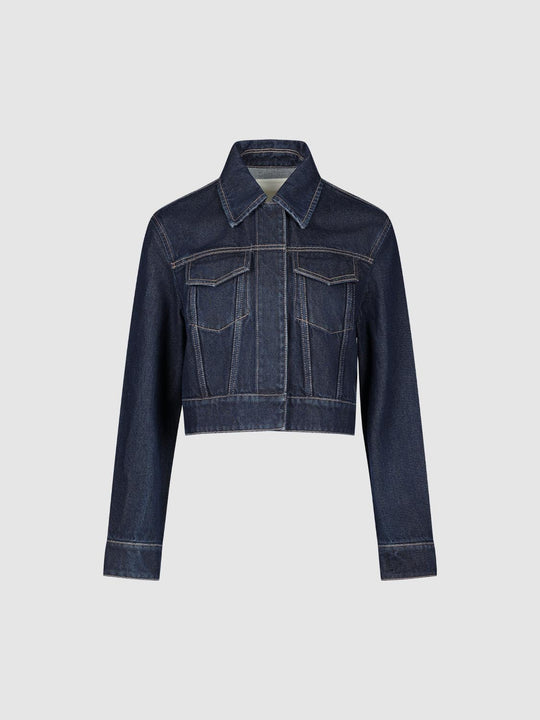 Cropped Long Sleeve Flap Pocket Cotton Denim Jacket
