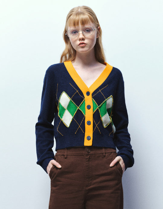 Argyle Printed V-Neck Knitted Cardigan