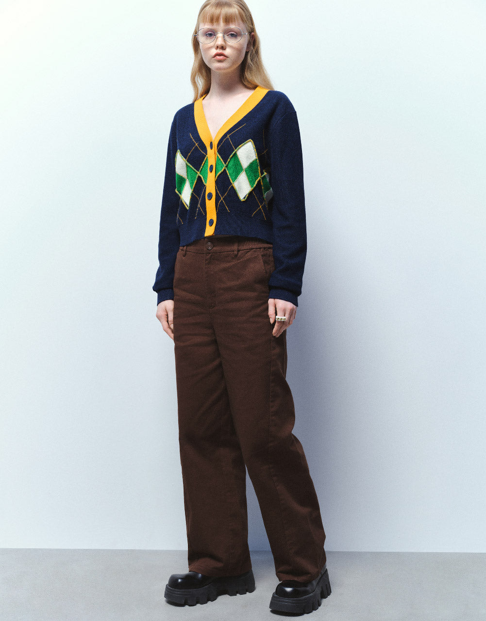 Argyle Printed V-Neck Knitted Cardigan