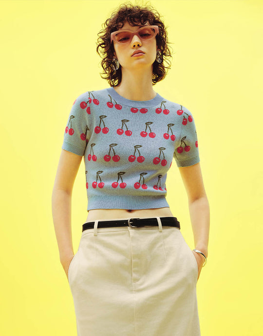 Cherry Crew Neck Knitted T-Shirt