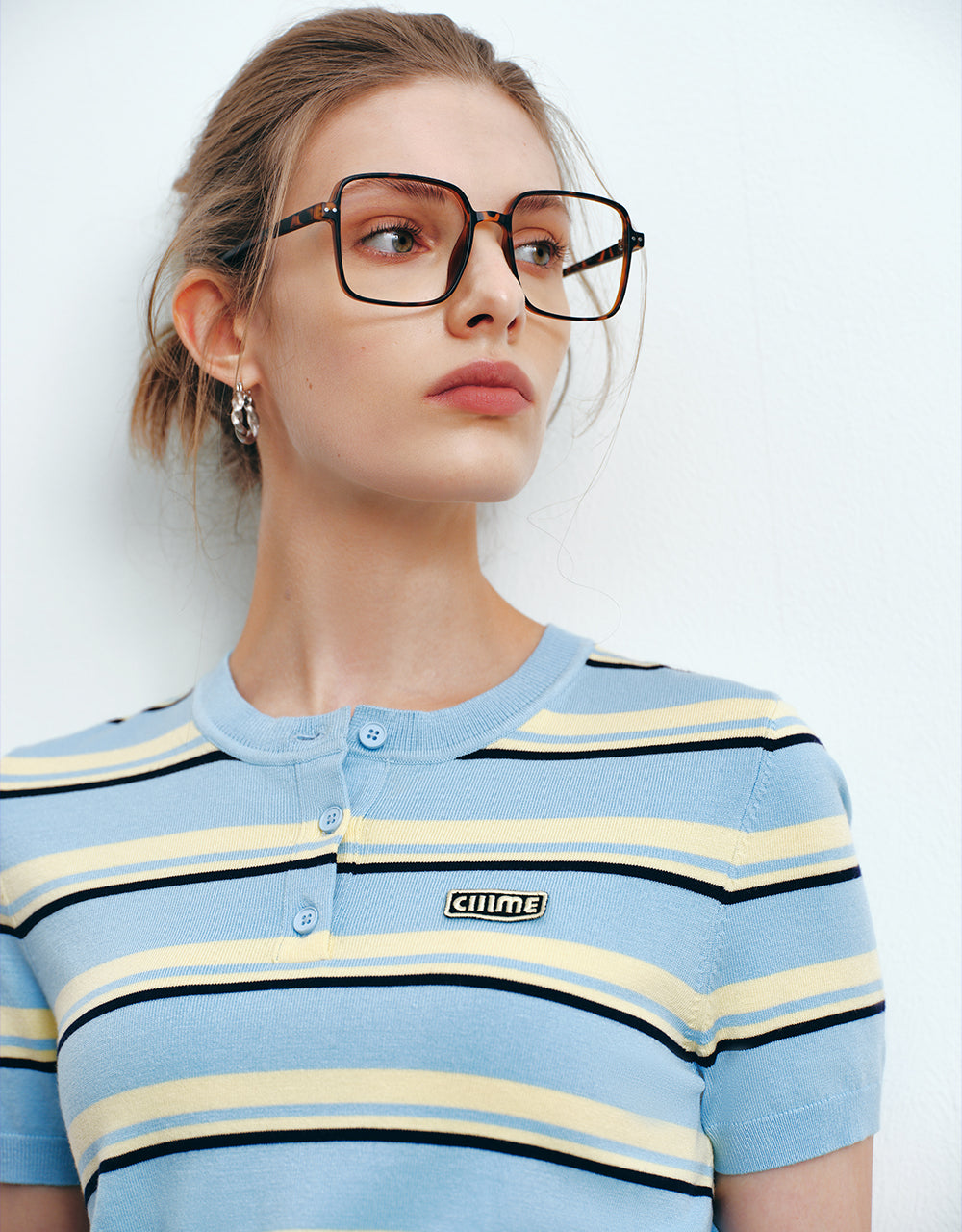 Button Half Placket Striped Knitted T-Shirt