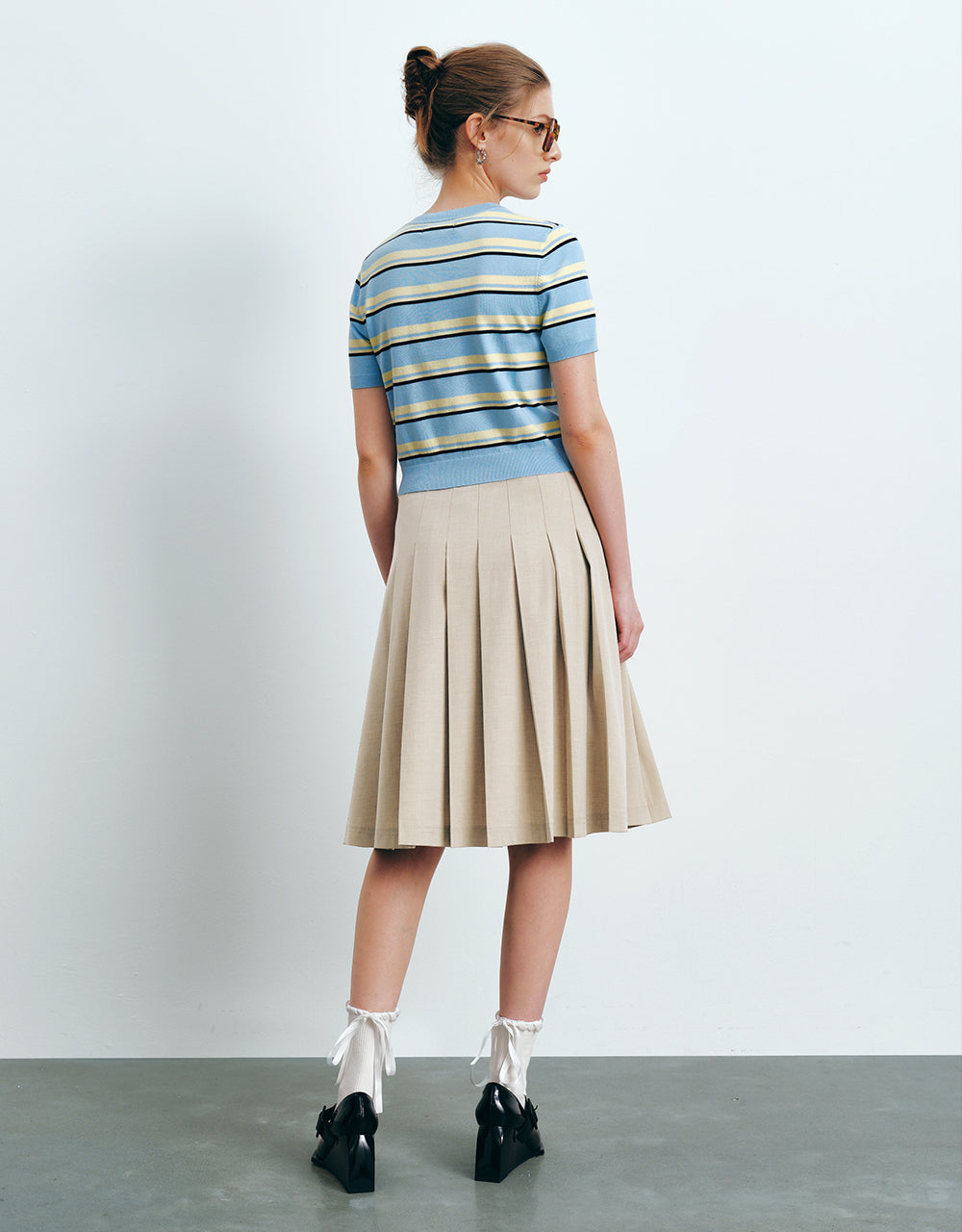 Button Half Placket Striped Knitted T-Shirt