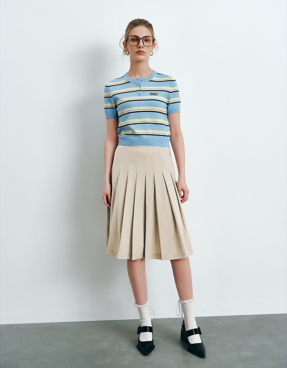 Button Half Placket Striped Knitted T-Shirt