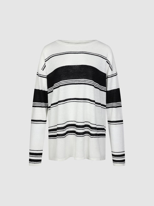 Linen Blend Crew Neck Striped Long Sleeve Knitted T-Shirts
